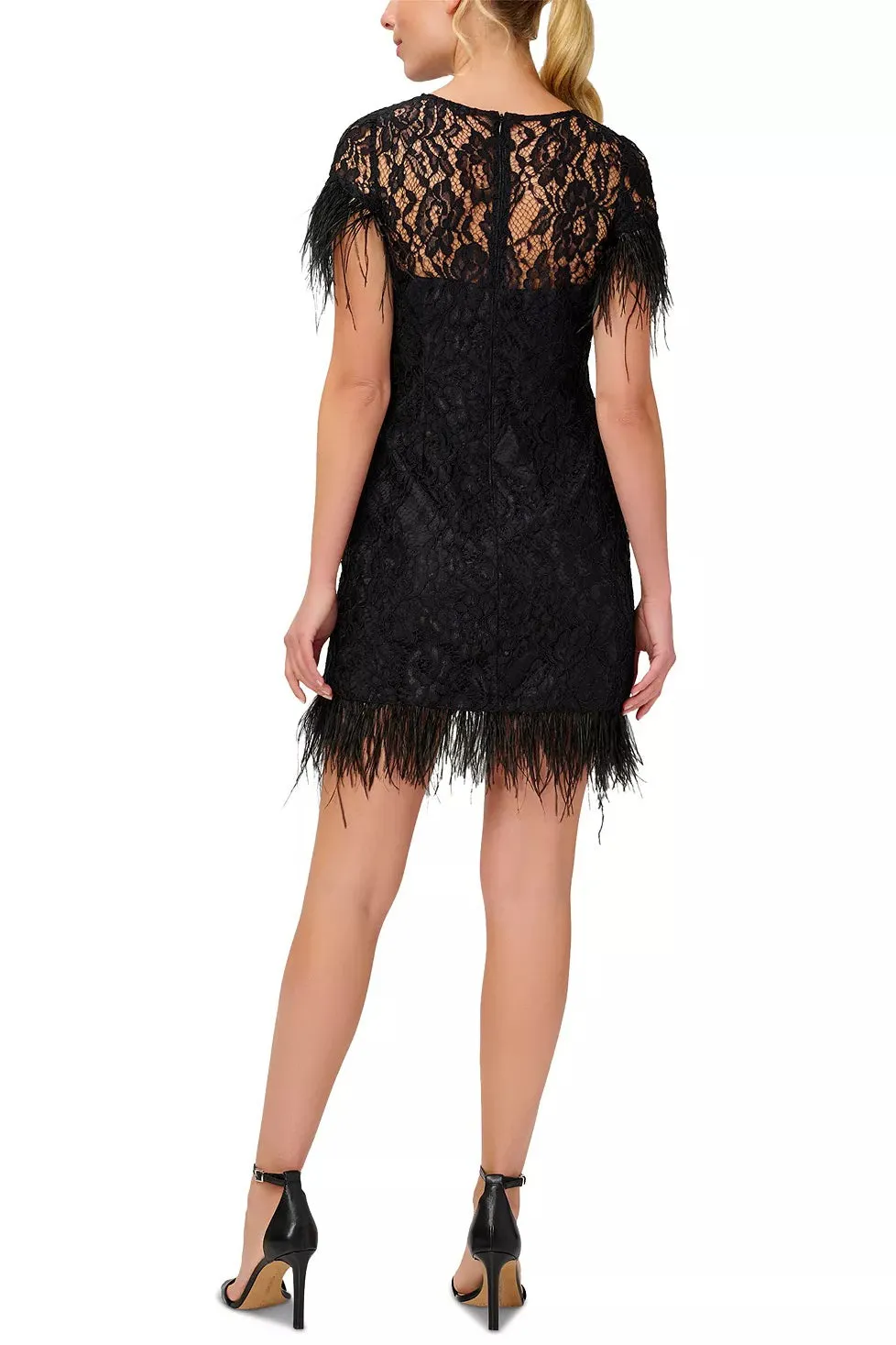 Aidan Mattox Boat Neck Short Feather Sleeves Back Zipper Short Lace Dress