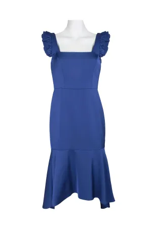 Aidan Mattox Square Neck Ruffled Shoulder Sleeveless High Low Hem Zipper Back Crepe Dress