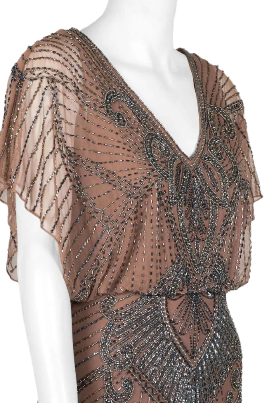 Aidan Mattox V-Neck Short Sleeve Blouson Illusion Embellished Zipper Back Mesh Dress
