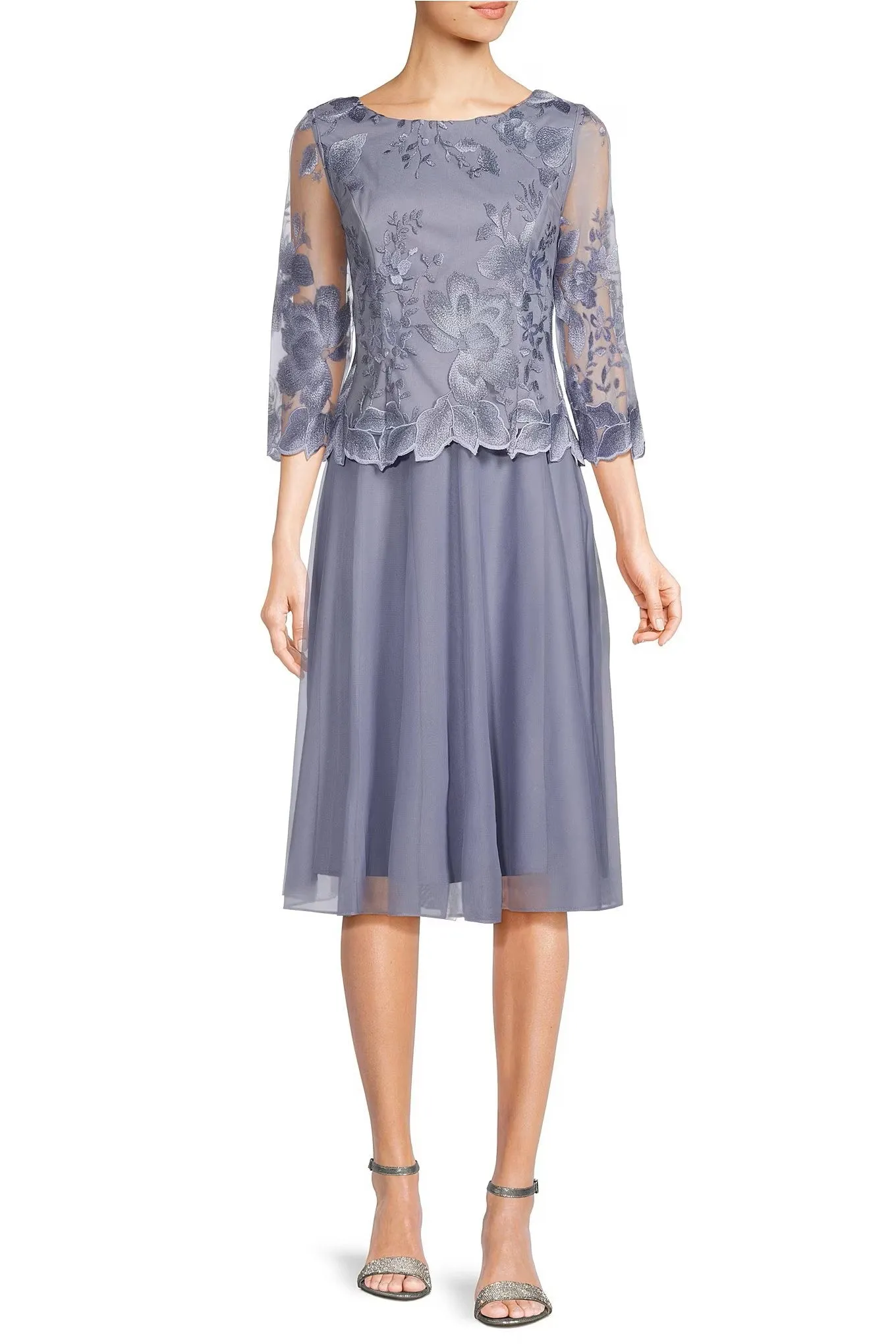 Alex Evenings boat neck 3/4 sleeve floral embroidered bodice stretch mesh dress