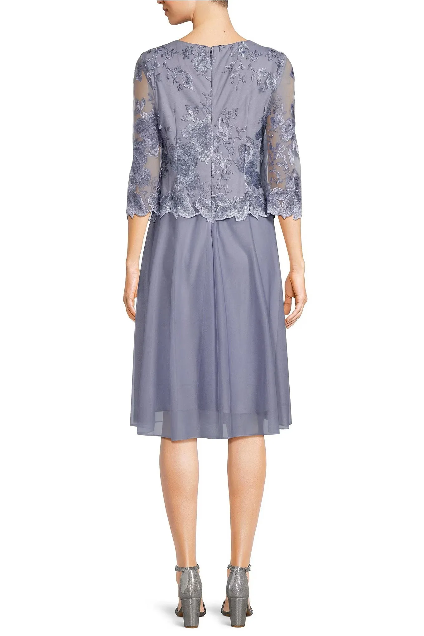 Alex Evenings boat neck 3/4 sleeve floral embroidered bodice stretch mesh dress