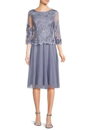 Alex Evenings boat neck 3/4 sleeve floral embroidered bodice stretch mesh dress