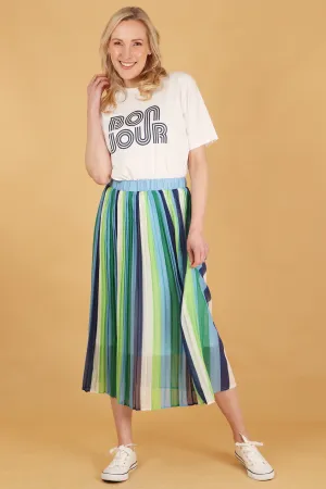 Alternating Striped Chiffon Pleated Skirt in Blue Green