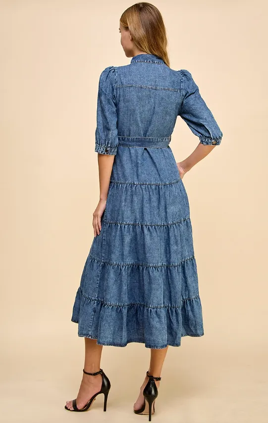 Alyssa Denim Tiered Midi Shirt Dress
