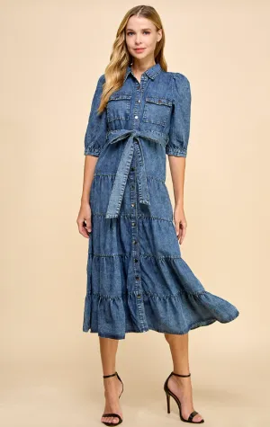 Alyssa Denim Tiered Midi Shirt Dress