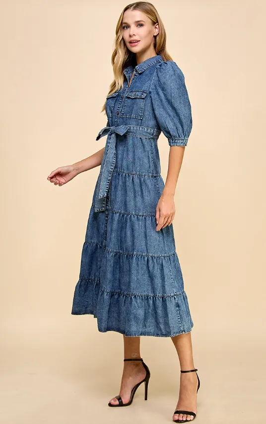 Alyssa Denim Tiered Midi Shirt Dress