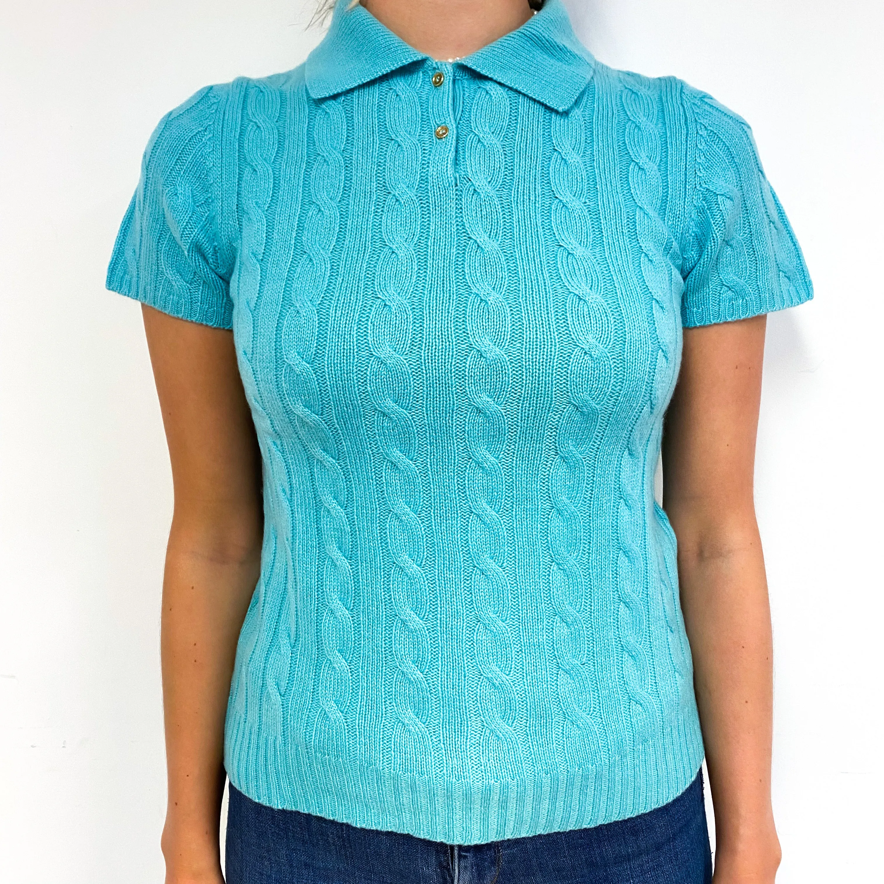 Aqua Blue Cashmere Collared Short Sleeve Jumper Small