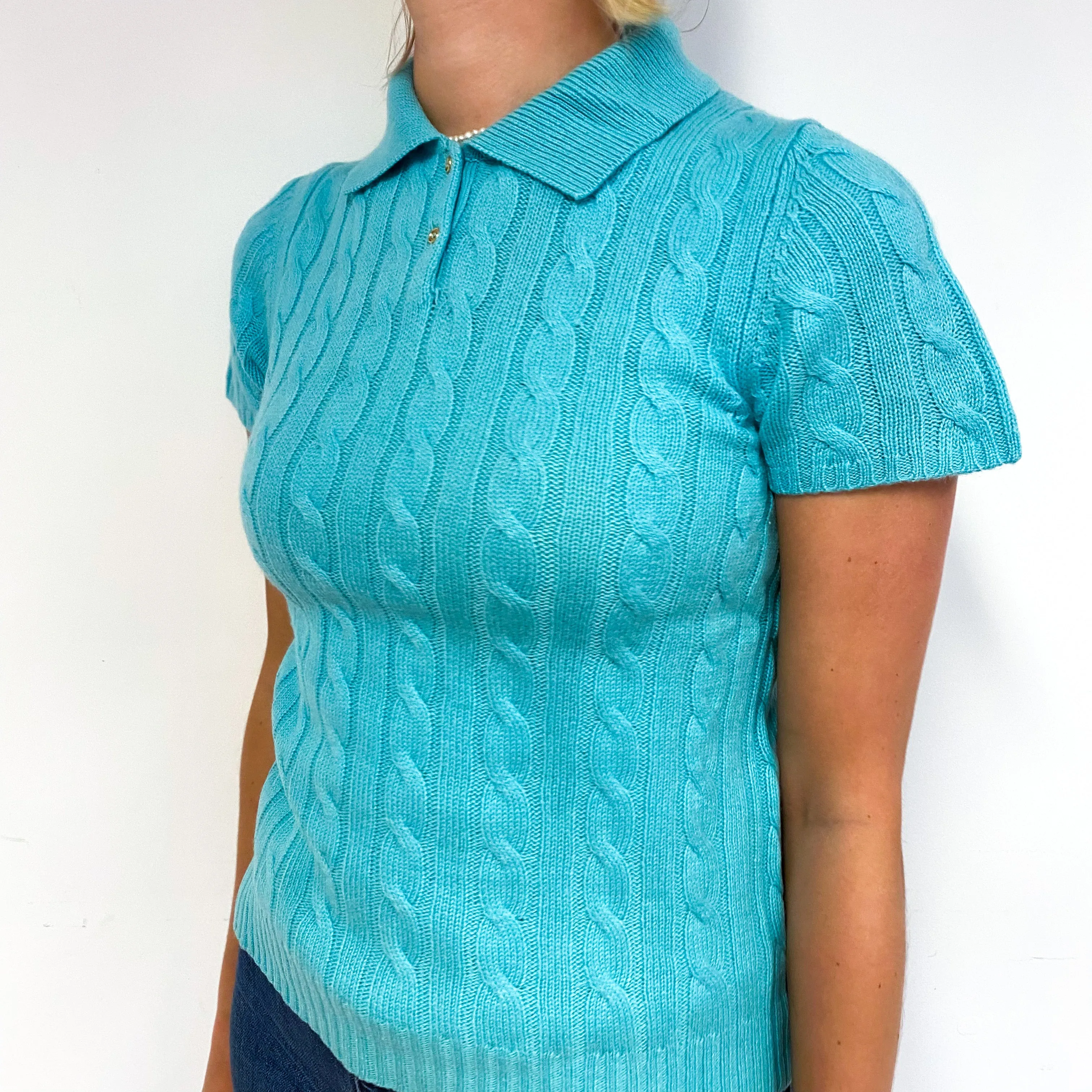 Aqua Blue Cashmere Collared Short Sleeve Jumper Small