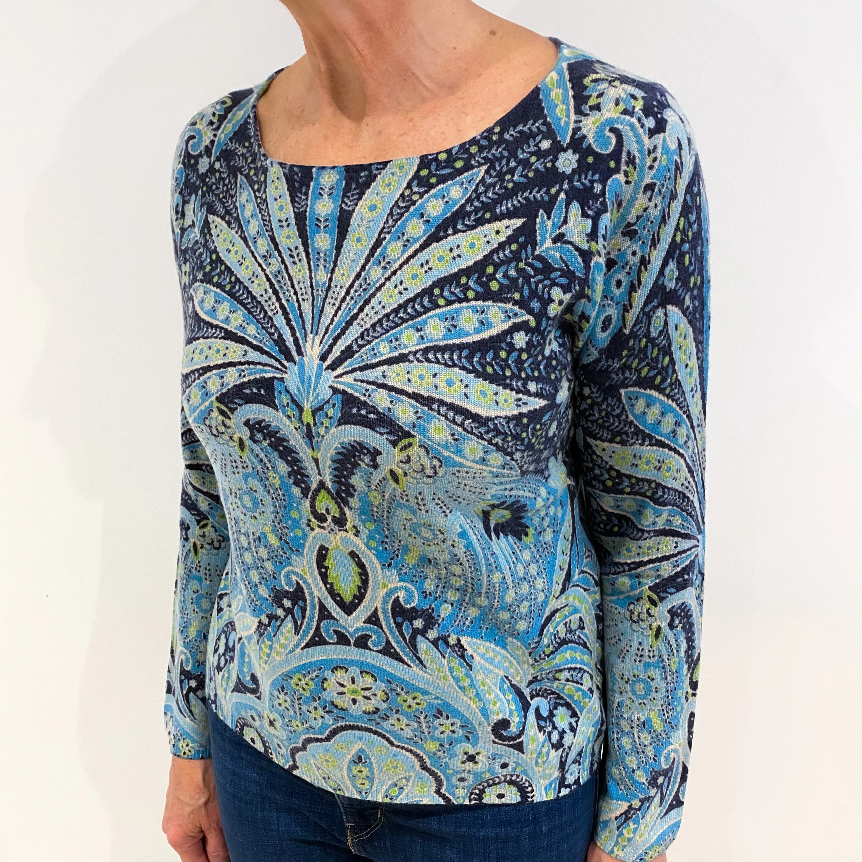Aqua Marine Blue Floral Pattern Cashmere Crew Neck Jumper Medium