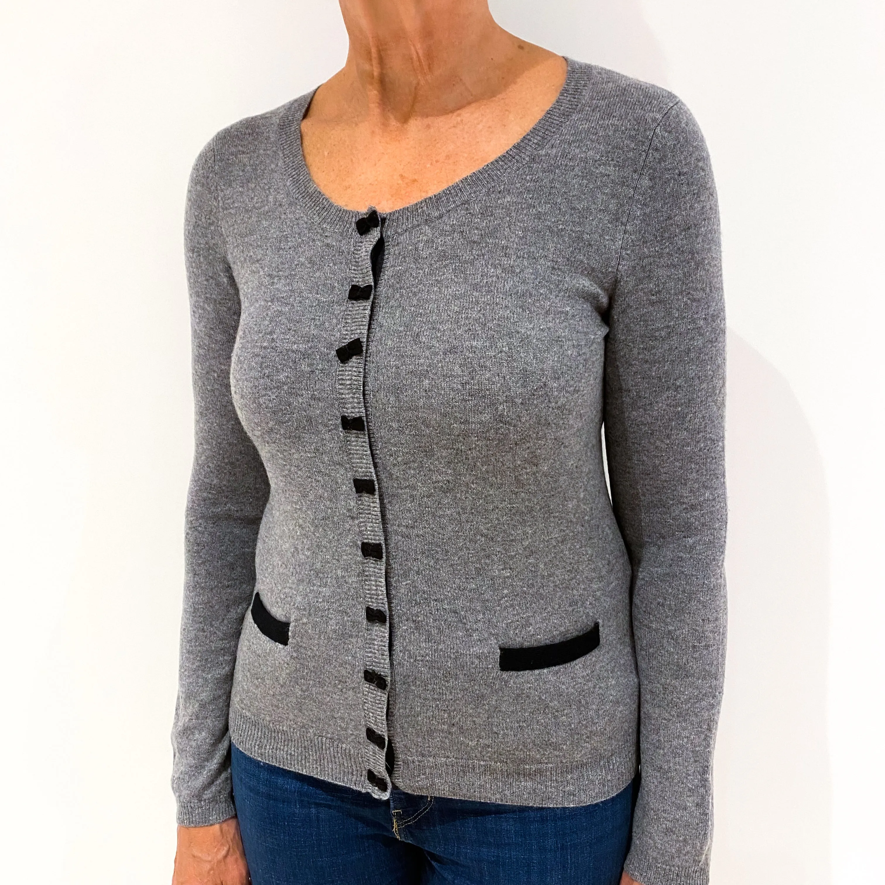 Ash Grey Black Bow Cashmere Crew Neck Cardigan Medium