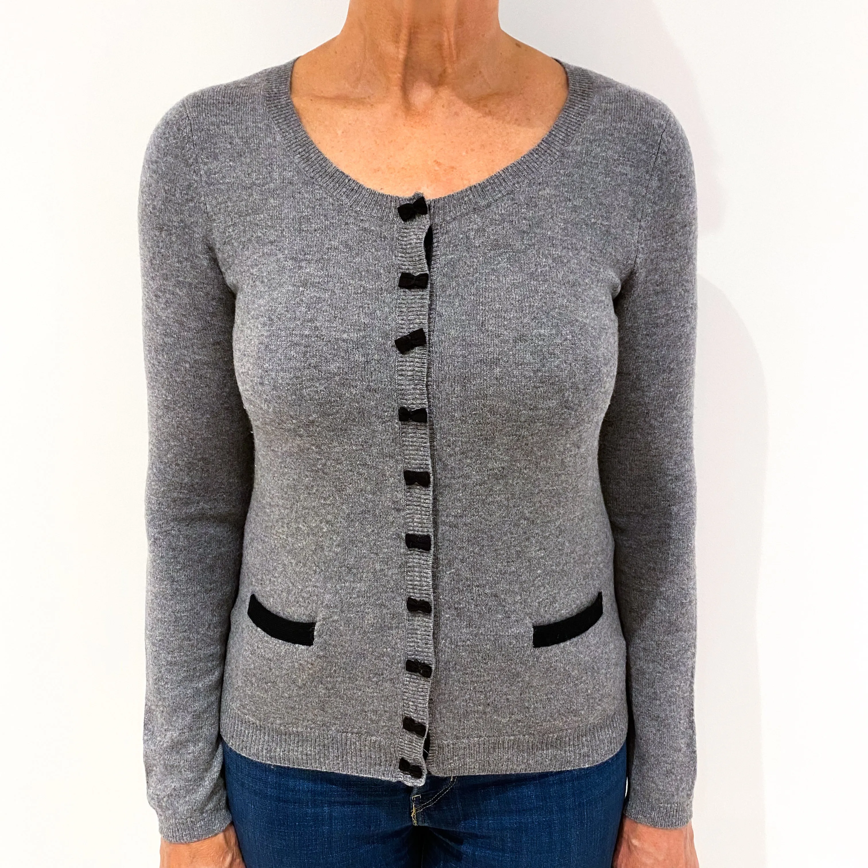 Ash Grey Black Bow Cashmere Crew Neck Cardigan Medium