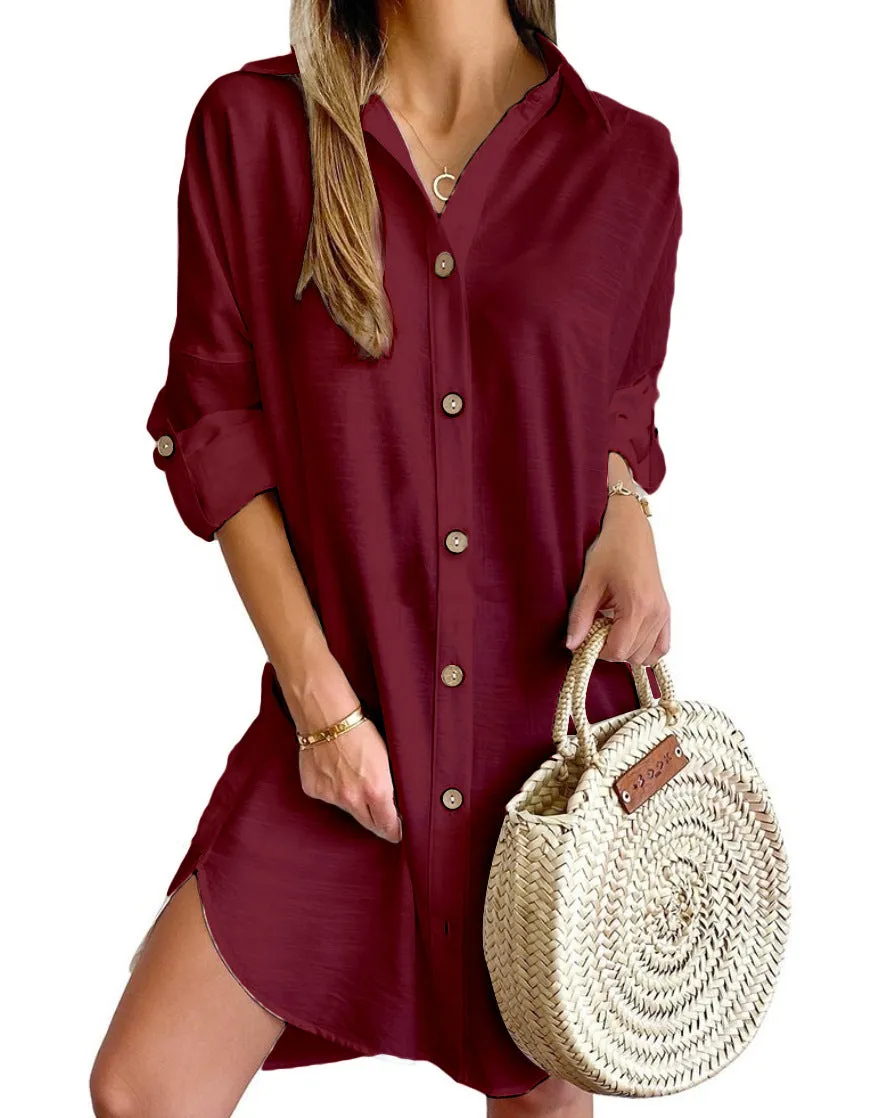 Autumn Leisure Long Sleeve Lapel Button Shirt Dress