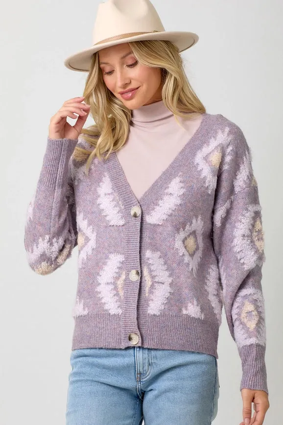 Aztec Pattern Button Down Cardigan  Lavender Mix
