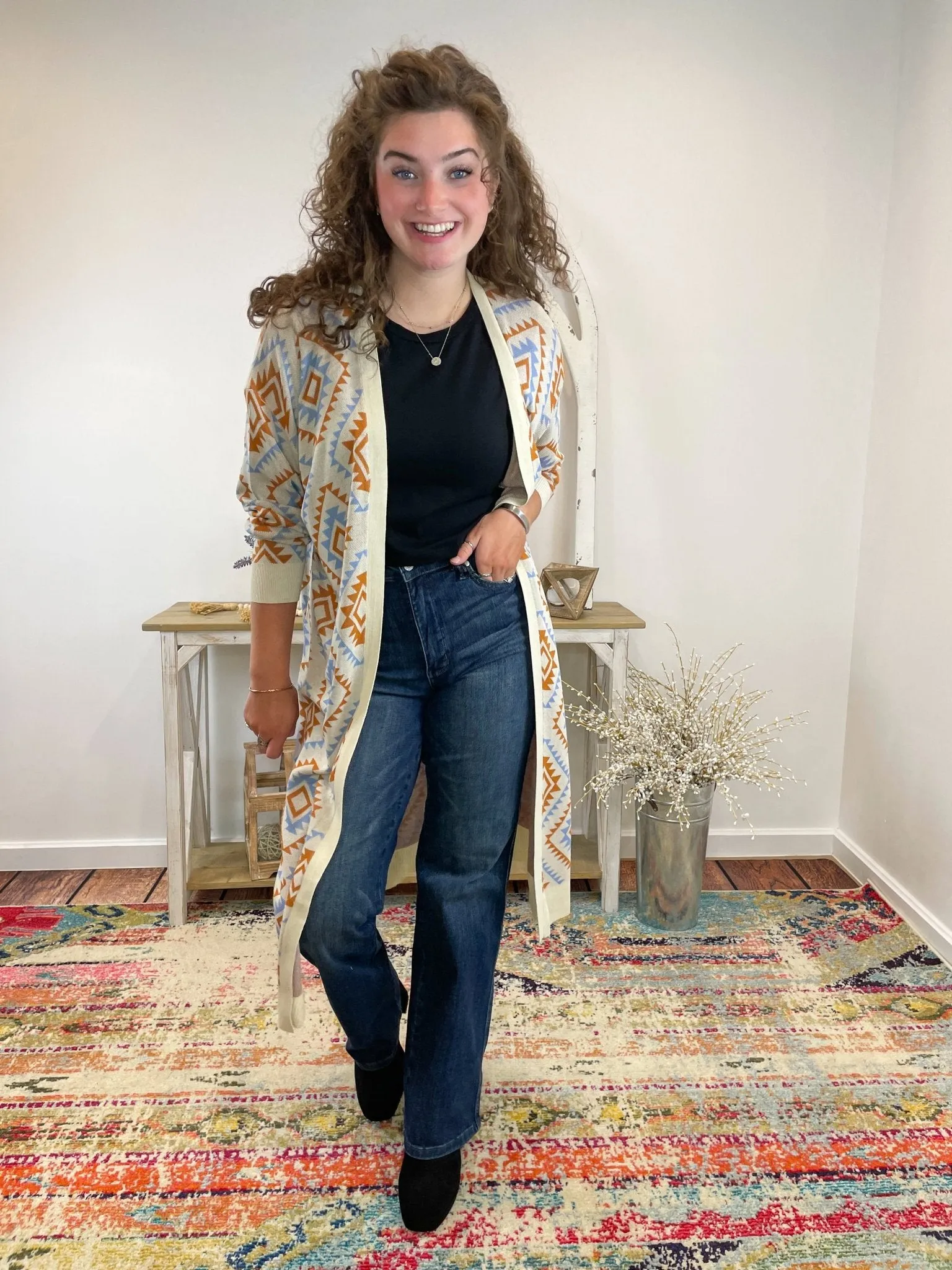 Aztec Print Long Duster Cardigan Sweater