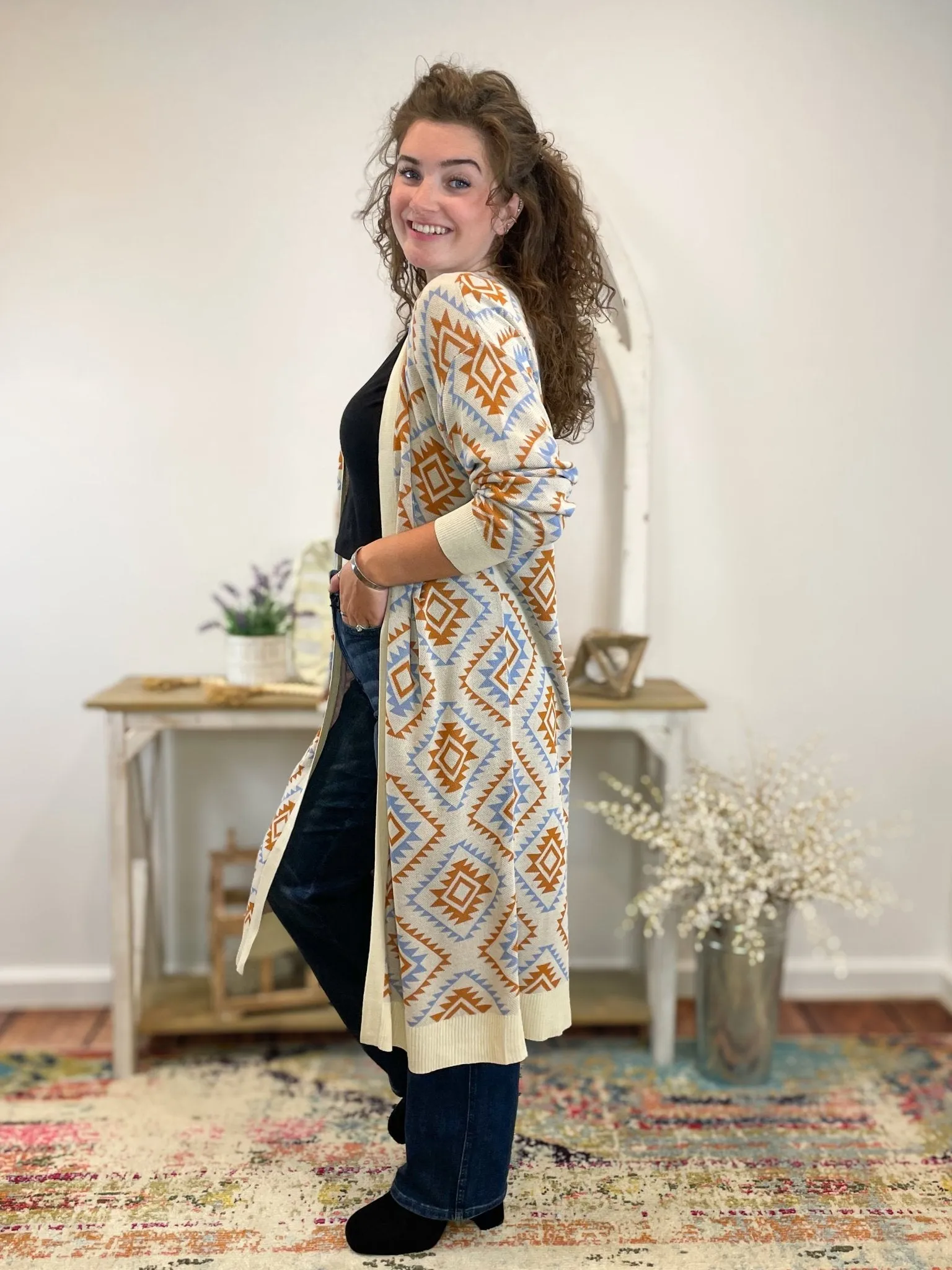 Aztec Print Long Duster Cardigan Sweater