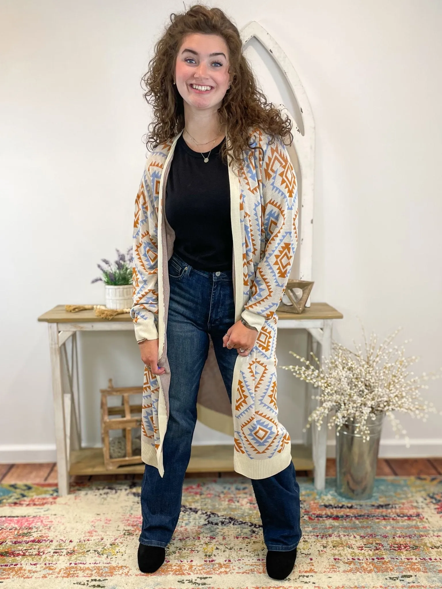 Aztec Print Long Duster Cardigan Sweater