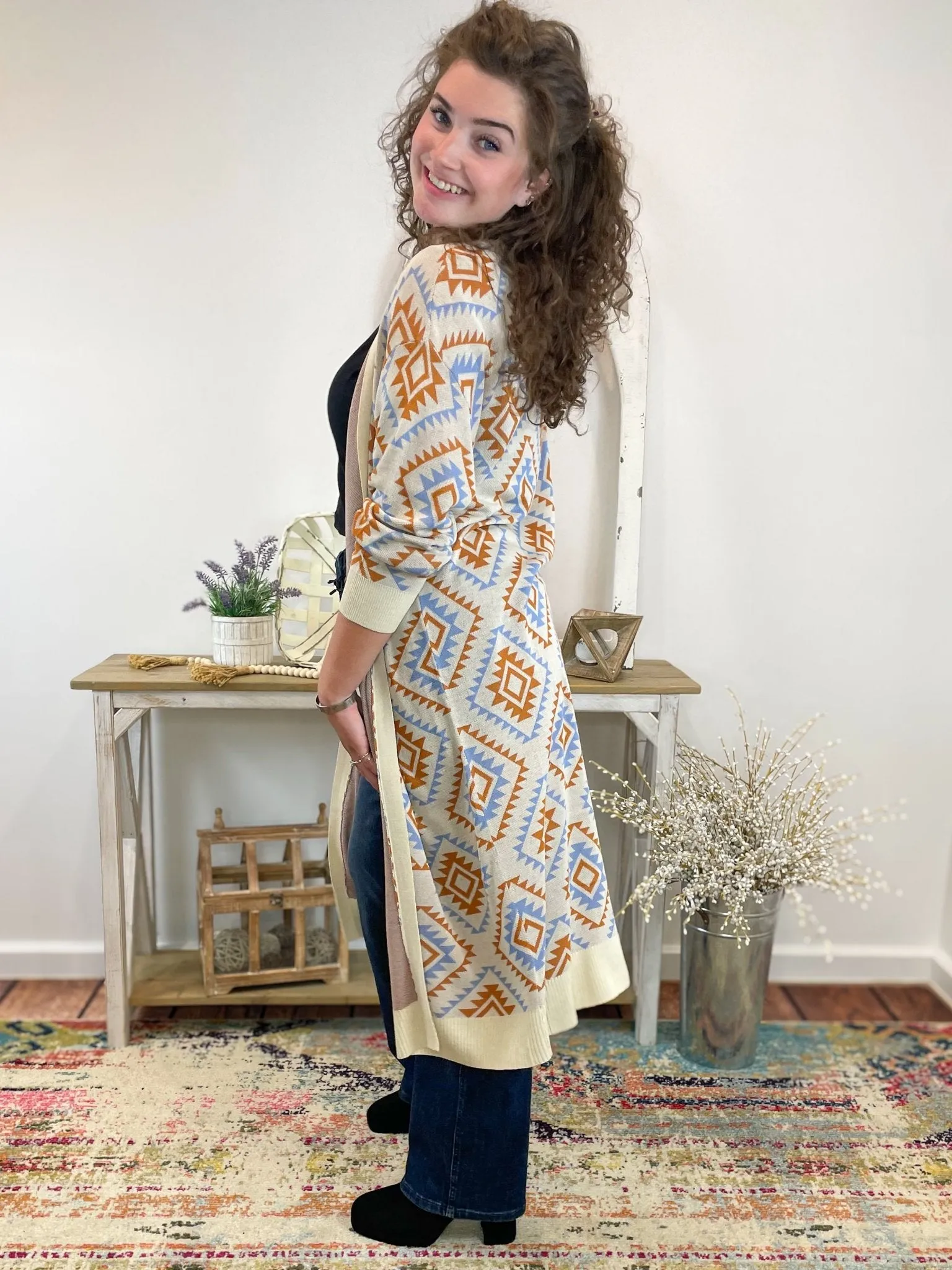 Aztec Print Long Duster Cardigan Sweater