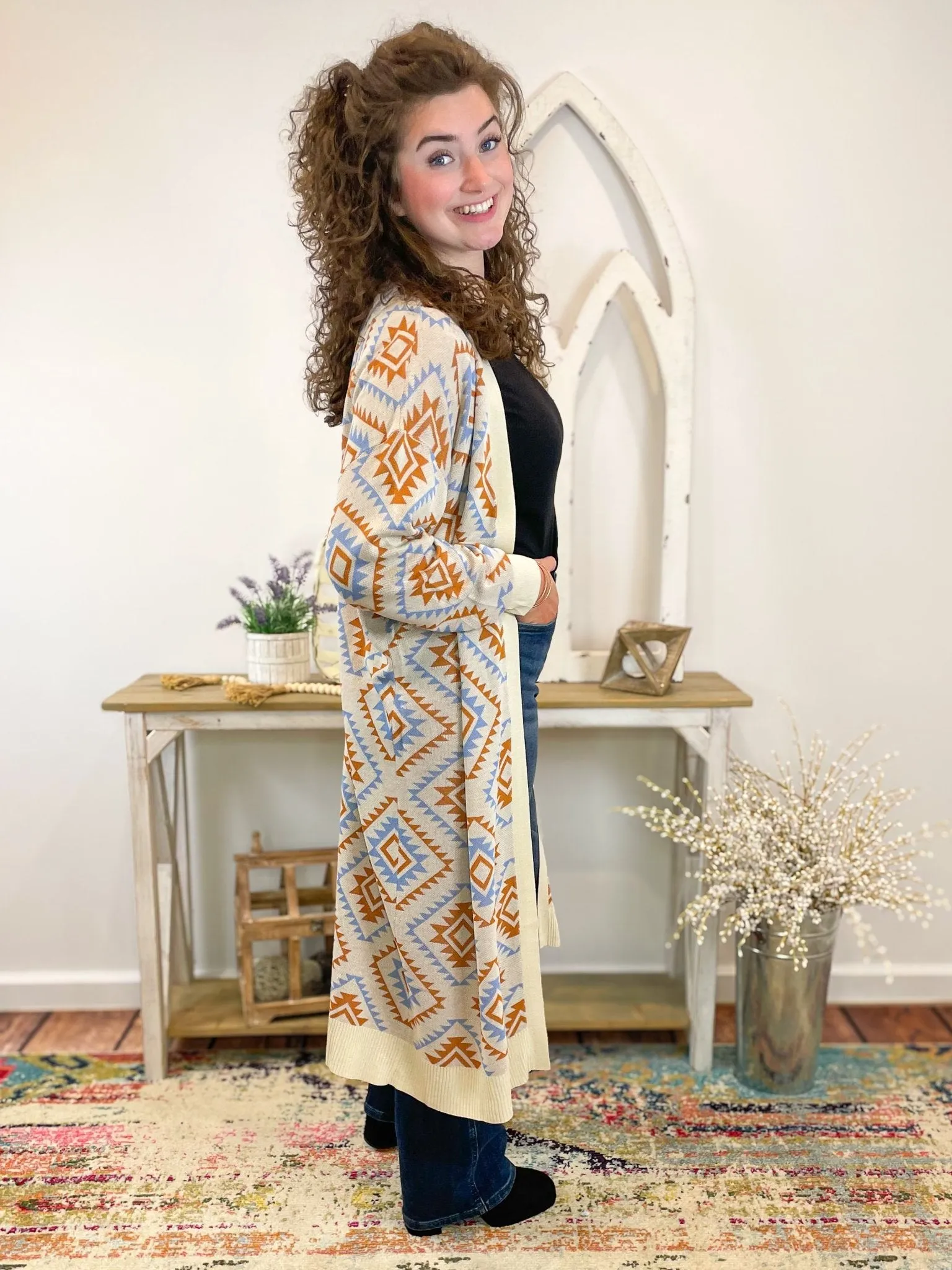 Aztec Print Long Duster Cardigan Sweater