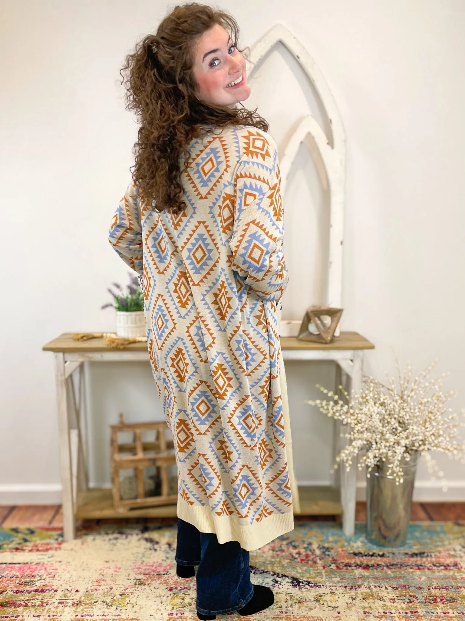 Aztec Print Long Duster Cardigan Sweater
