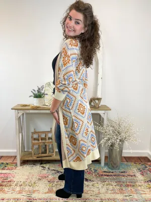 Aztec Print Long Duster Cardigan Sweater