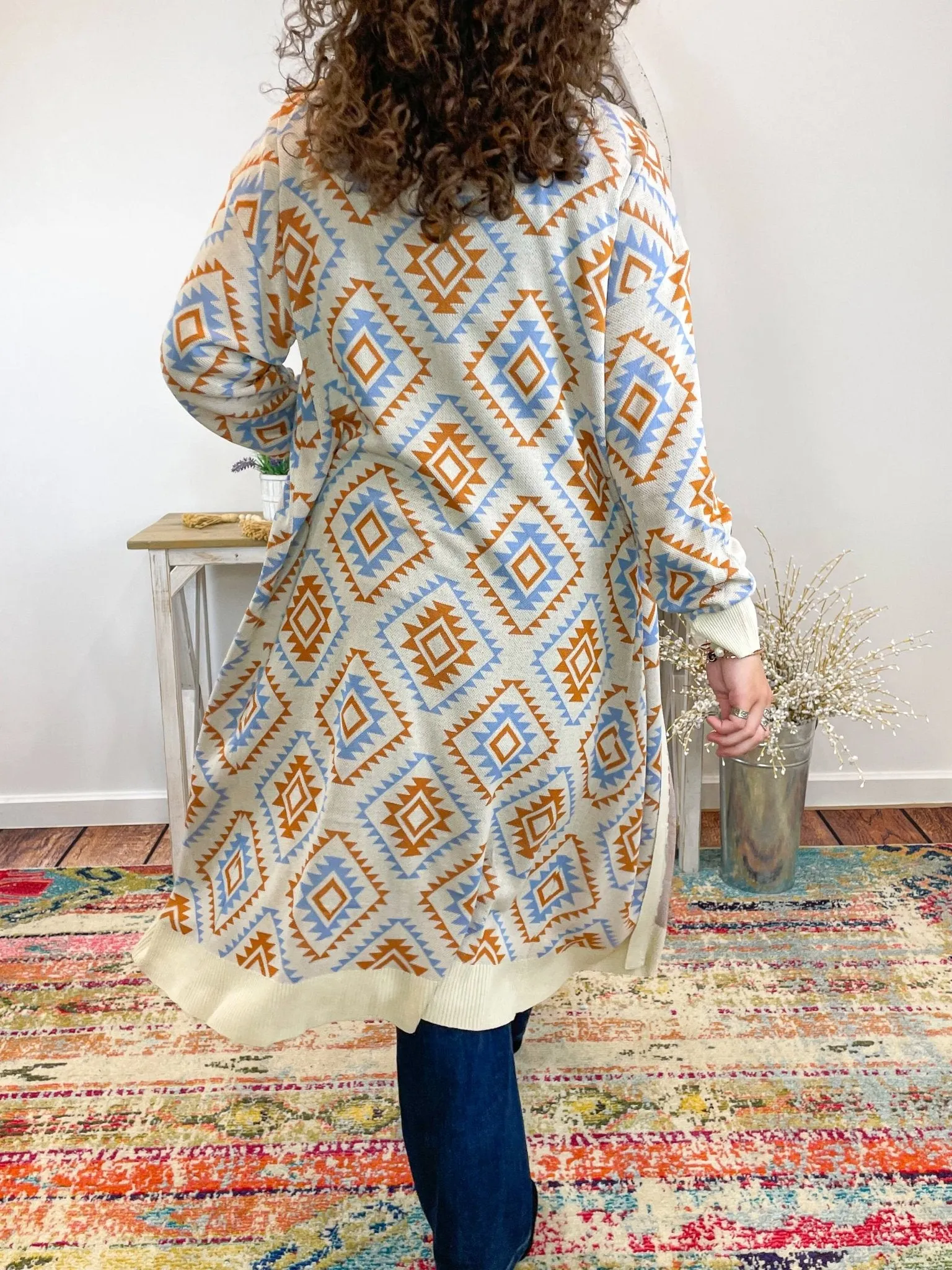 Aztec Print Long Duster Cardigan Sweater