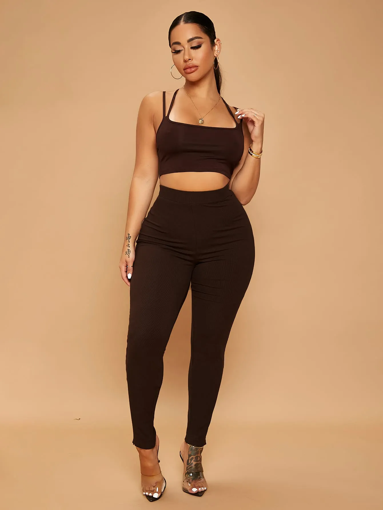Basics Plain Rib-Knit Long Women Leggings