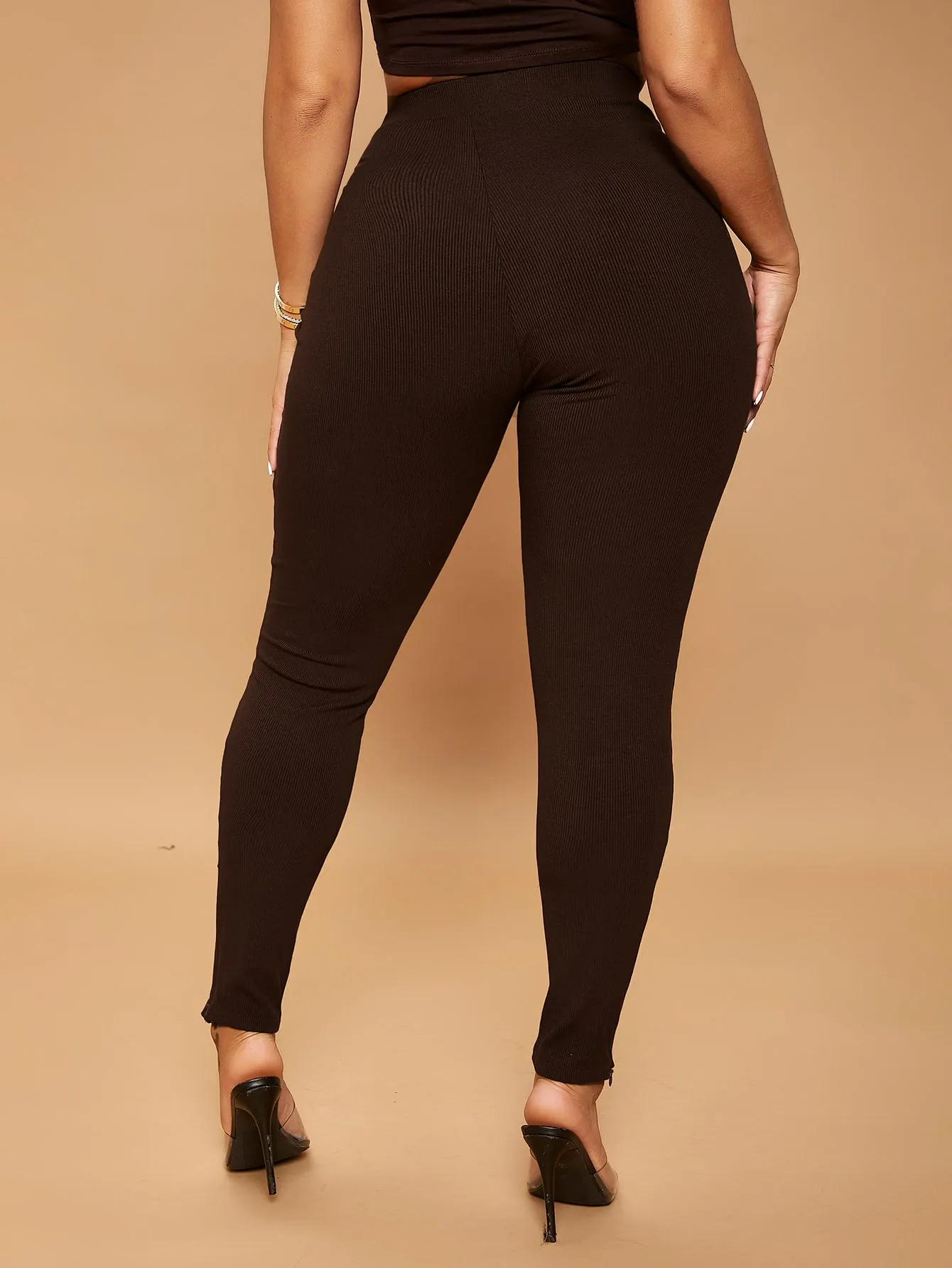 Basics Plain Rib-Knit Long Women Leggings
