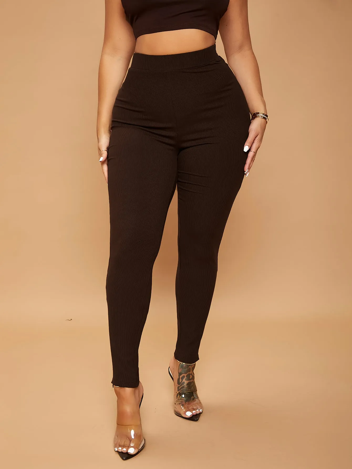 Basics Plain Rib-Knit Long Women Leggings
