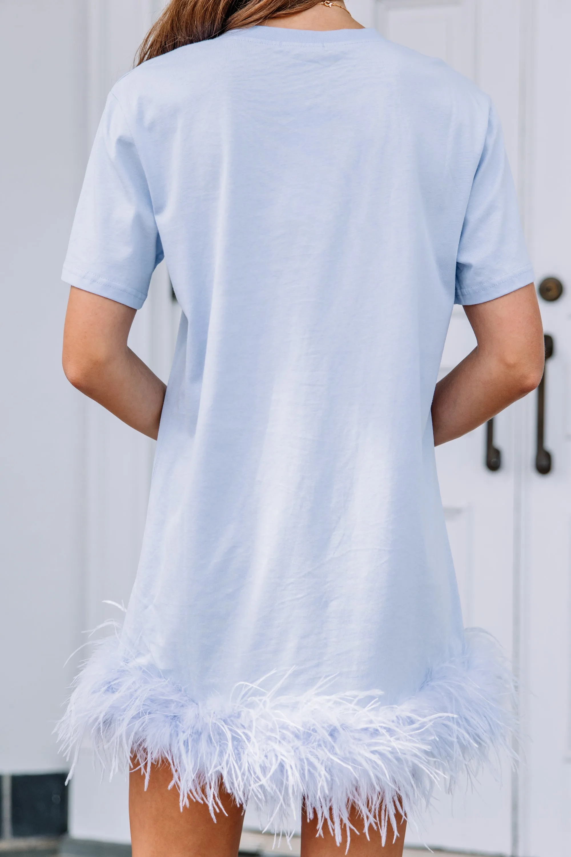 Be The Drama Light Blue Feather Trim T-shirt Dress