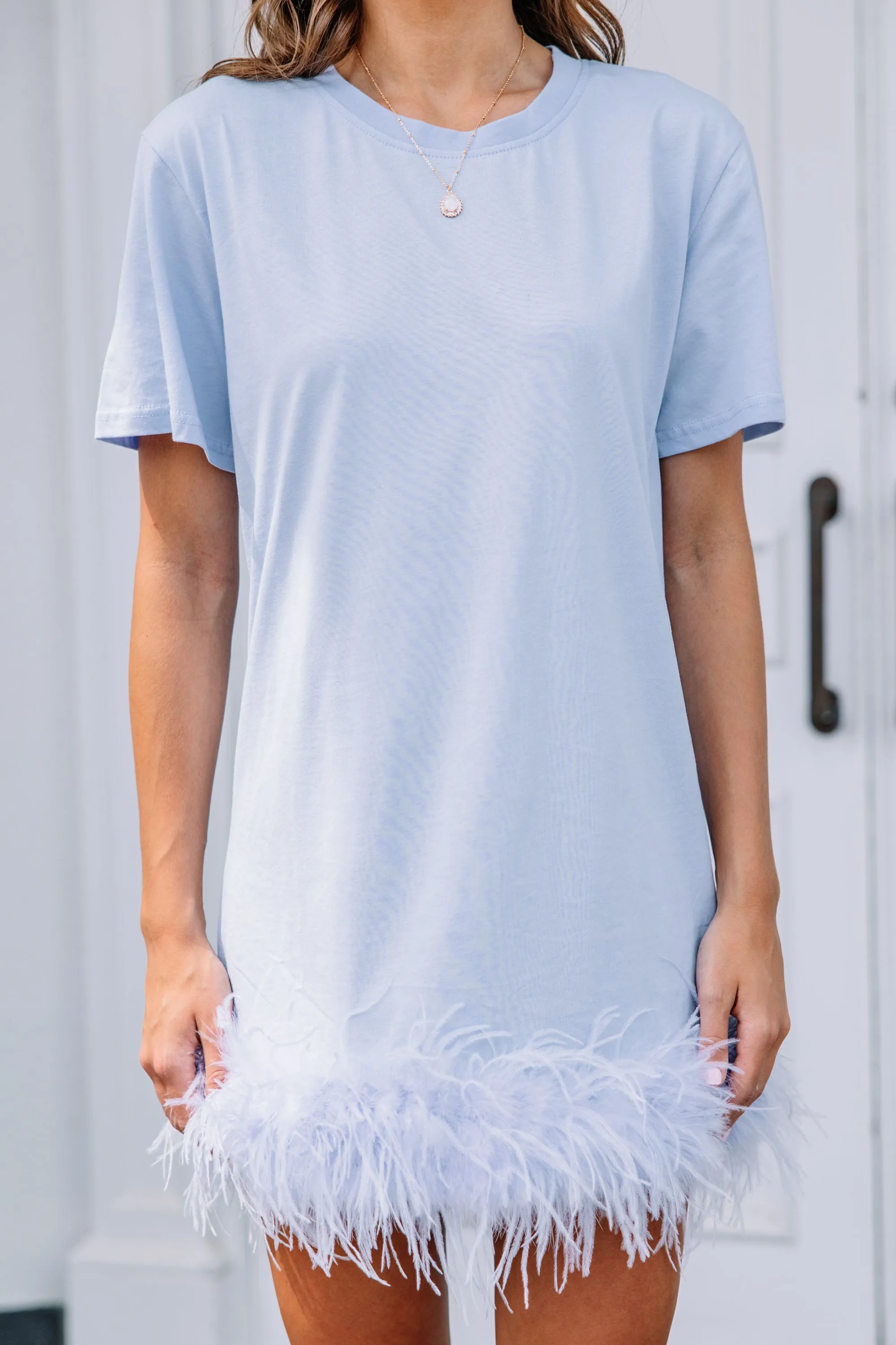 Be The Drama Light Blue Feather Trim T-shirt Dress