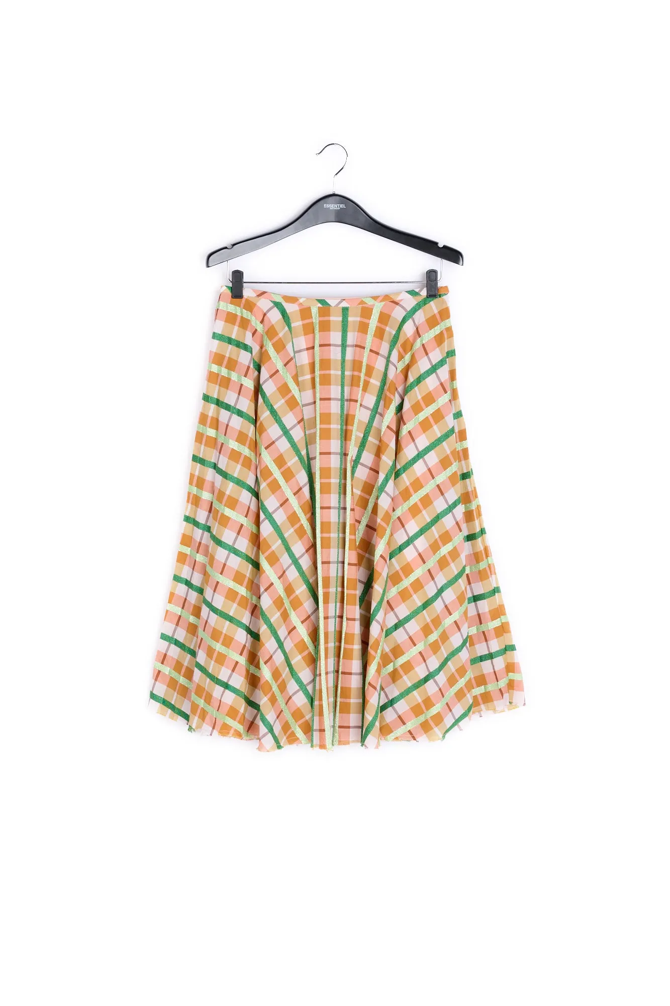 Beige and green plaid cotton-blend pleated skirt