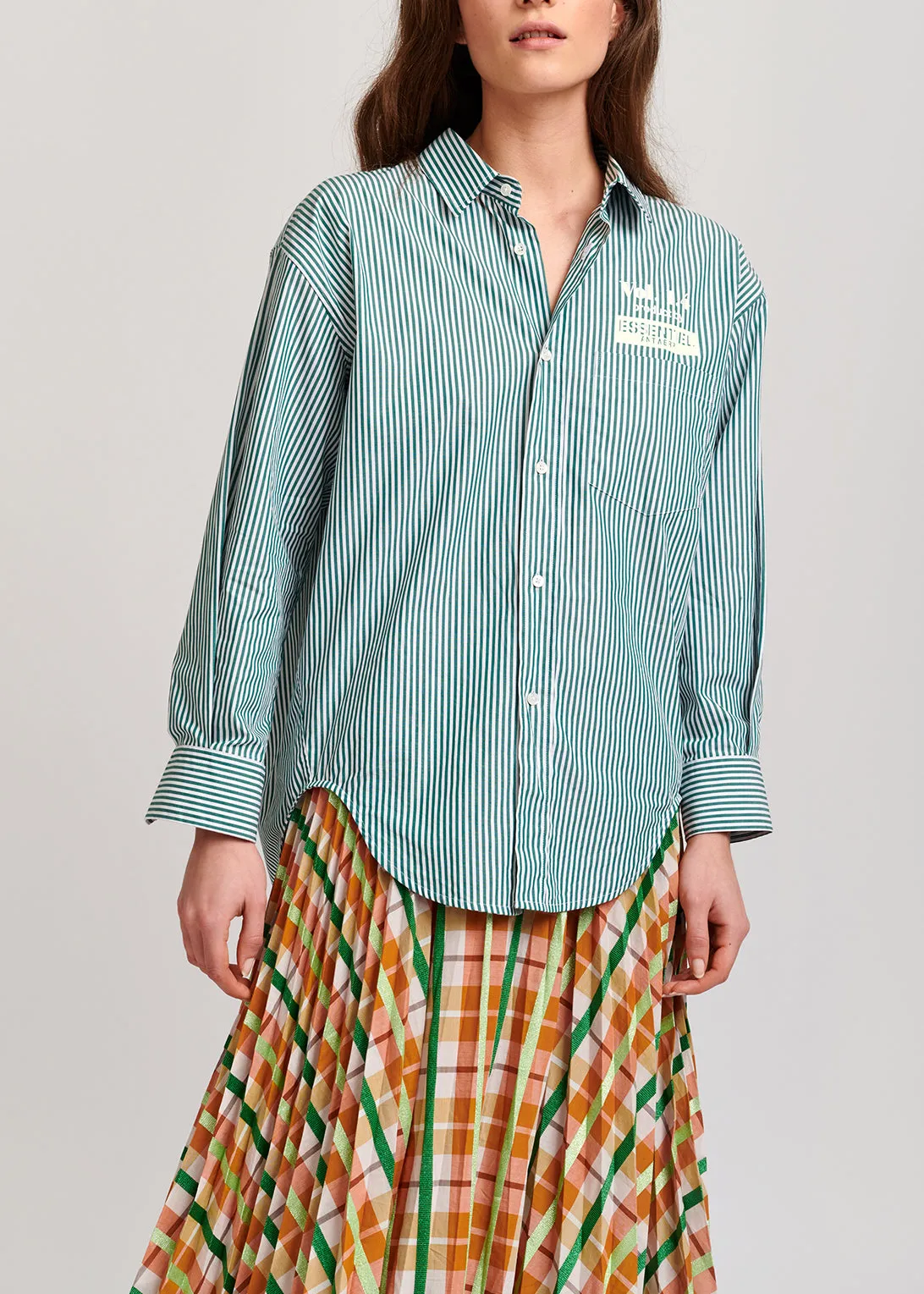Beige and green plaid cotton-blend pleated skirt