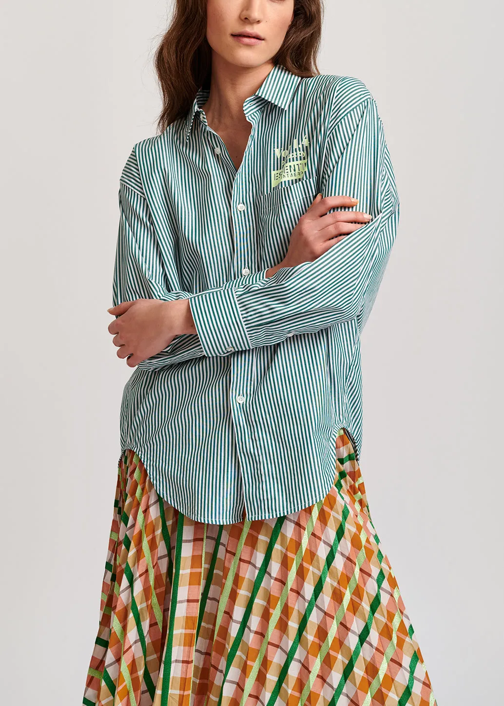 Beige and green plaid cotton-blend pleated skirt