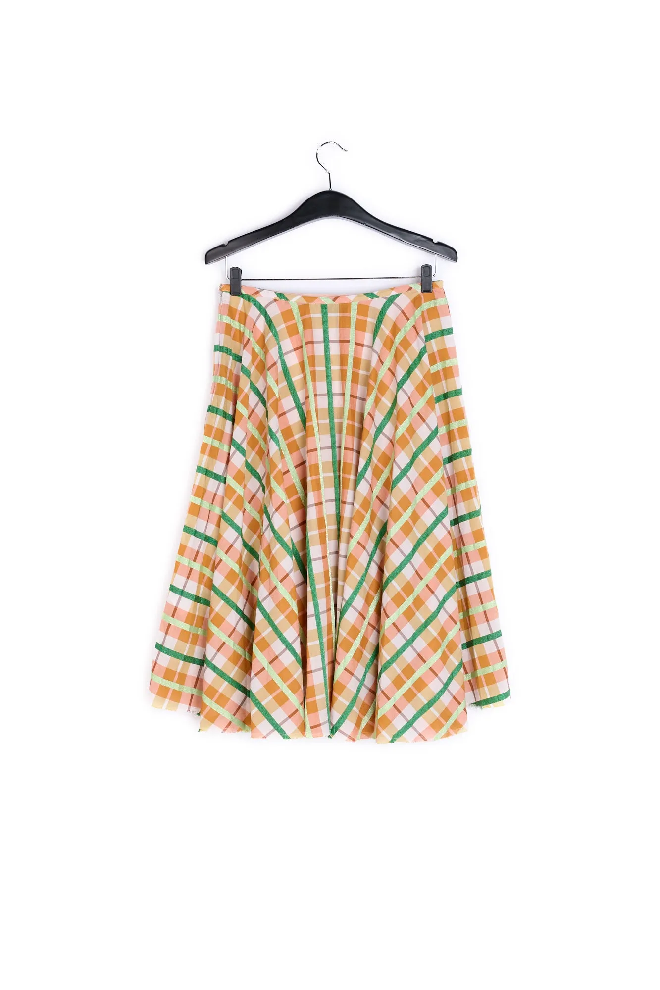 Beige and green plaid cotton-blend pleated skirt