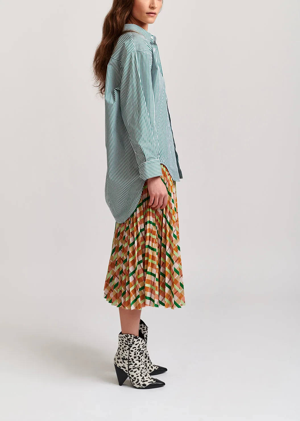 Beige and green plaid cotton-blend pleated skirt
