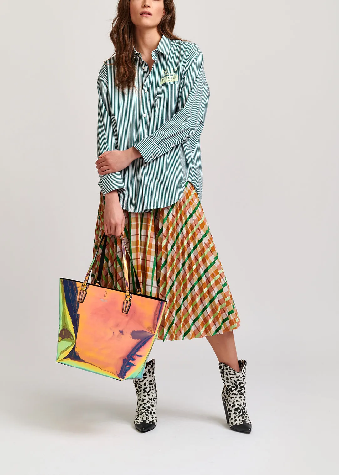 Beige and green plaid cotton-blend pleated skirt