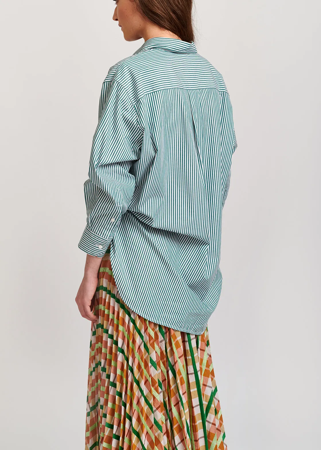 Beige and green plaid cotton-blend pleated skirt