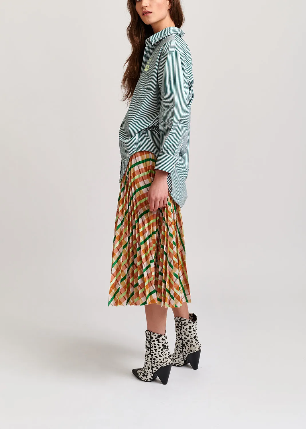 Beige and green plaid cotton-blend pleated skirt