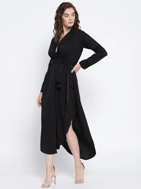 Berrylush Women Solid Black Shirt Collar Neck Waist Tie-Up Empire Midi Dress