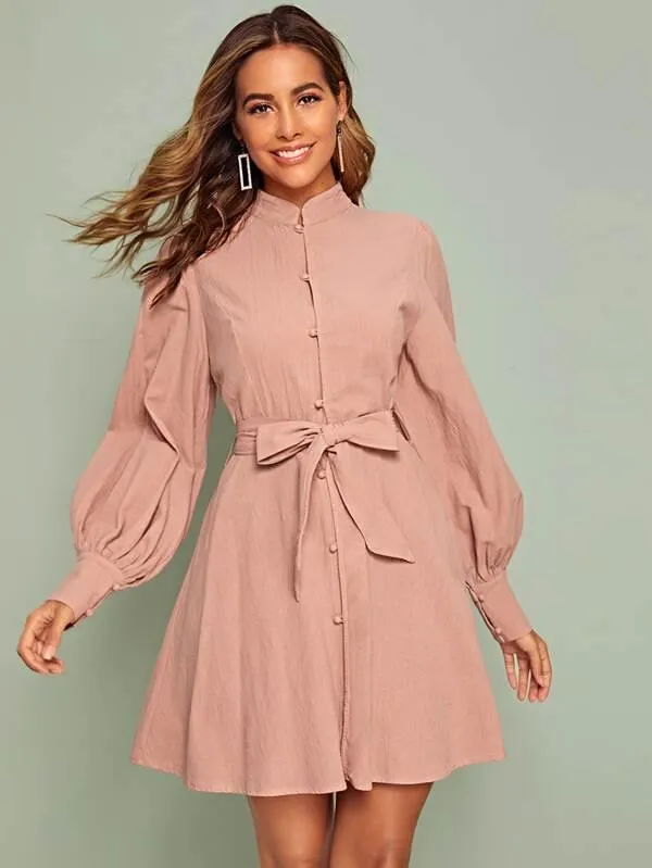 Bishop Sleeve Covered Button Belted Shirt Dress