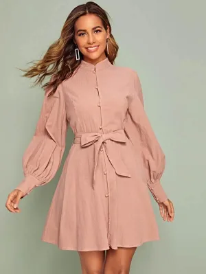 Bishop Sleeve Covered Button Belted Shirt Dress