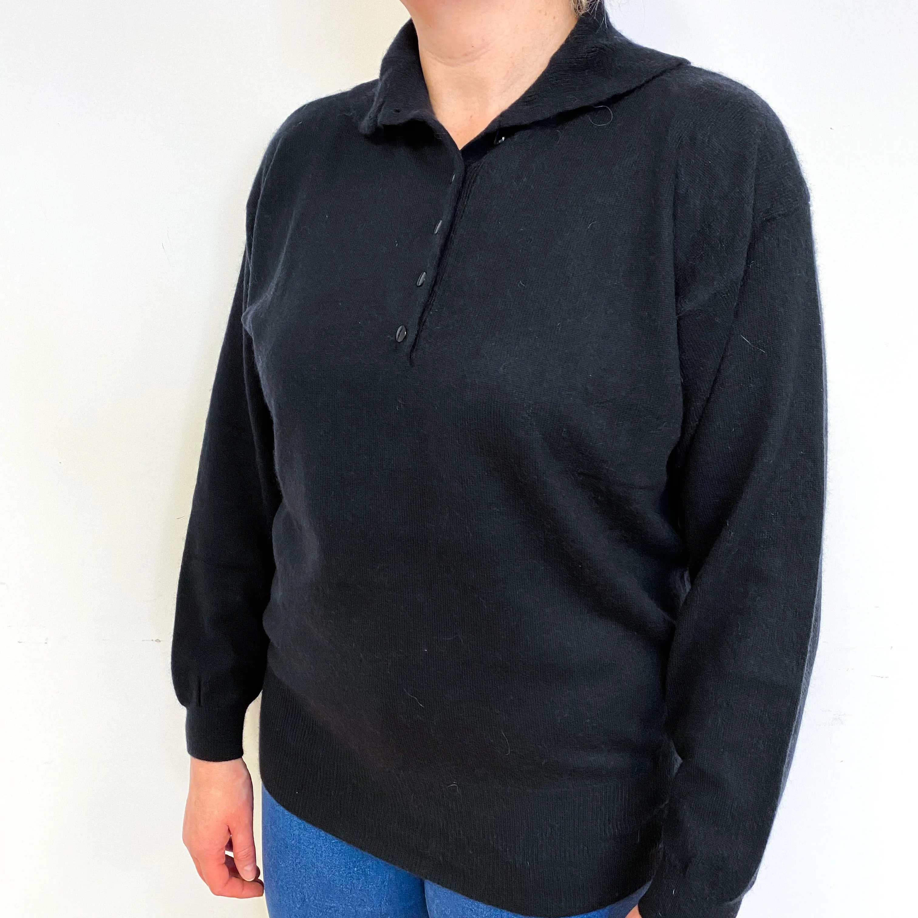 Black Cashmere Collared 1/4 Button Jumper Large