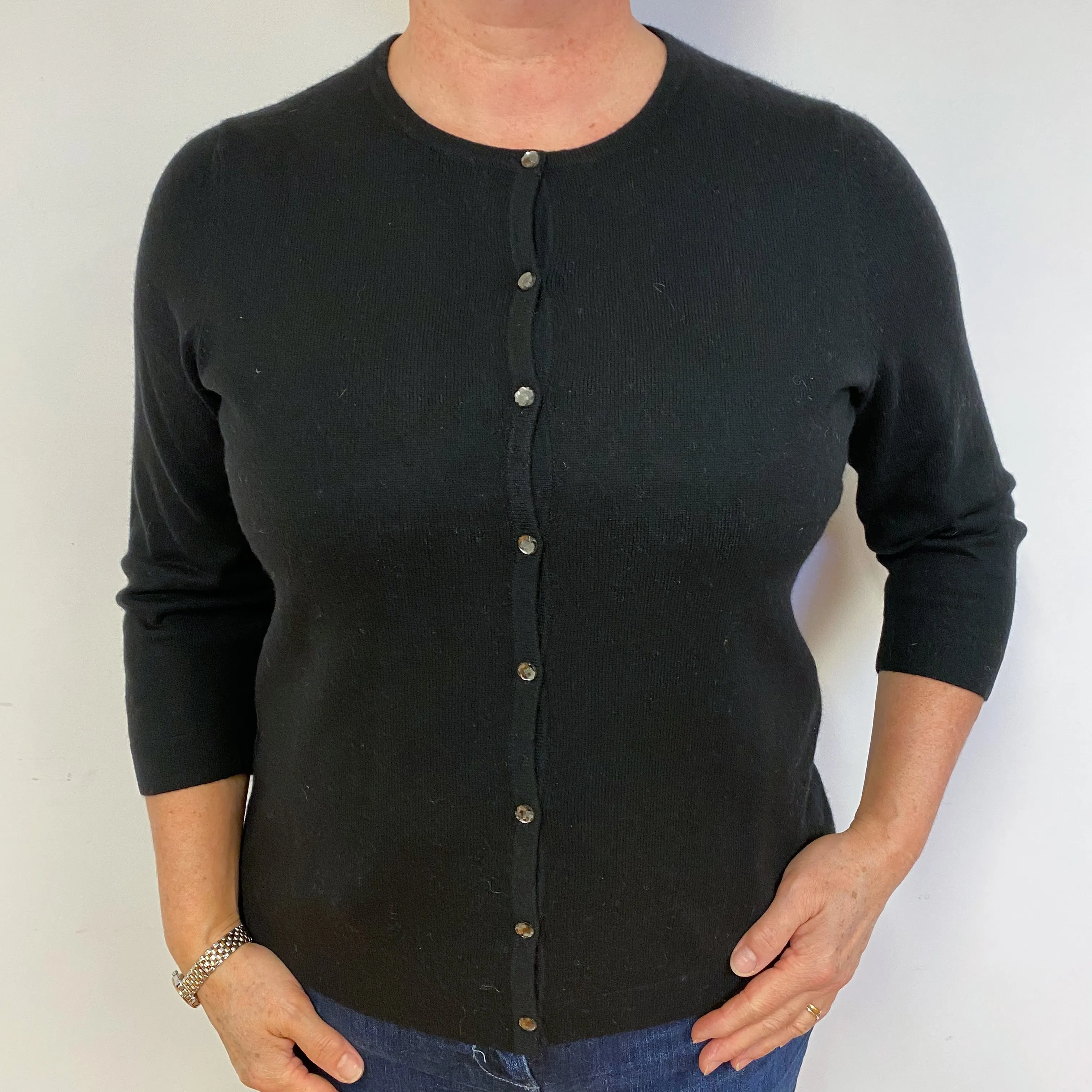 Black Cashmere Crew Neck Cardigan Large.