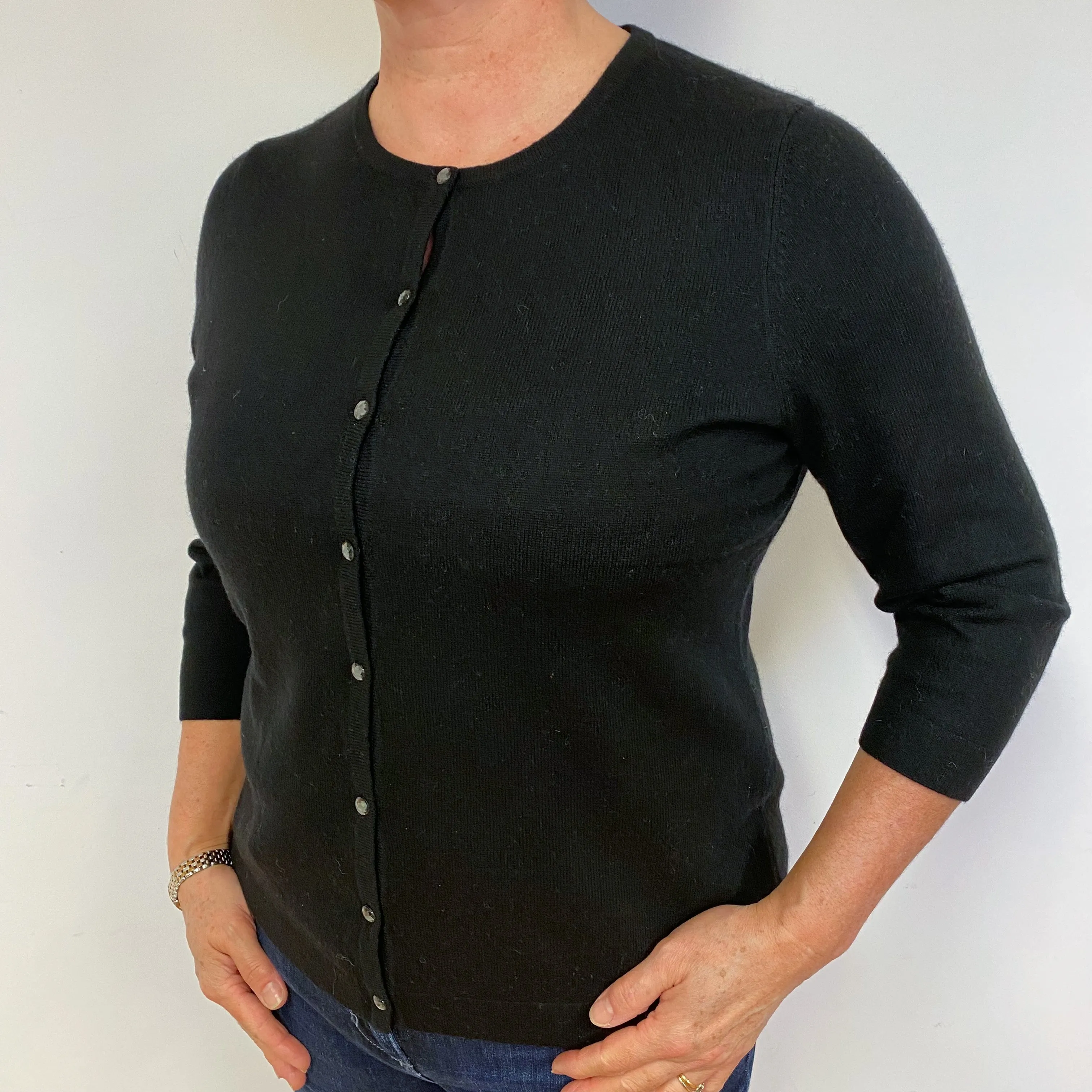 Black Cashmere Crew Neck Cardigan Large.