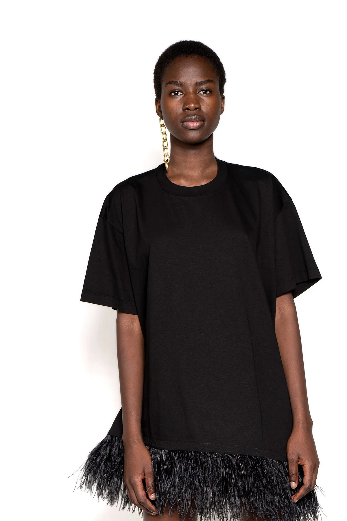 BLACK FEATHER HEM T-SHIRT DRESS
