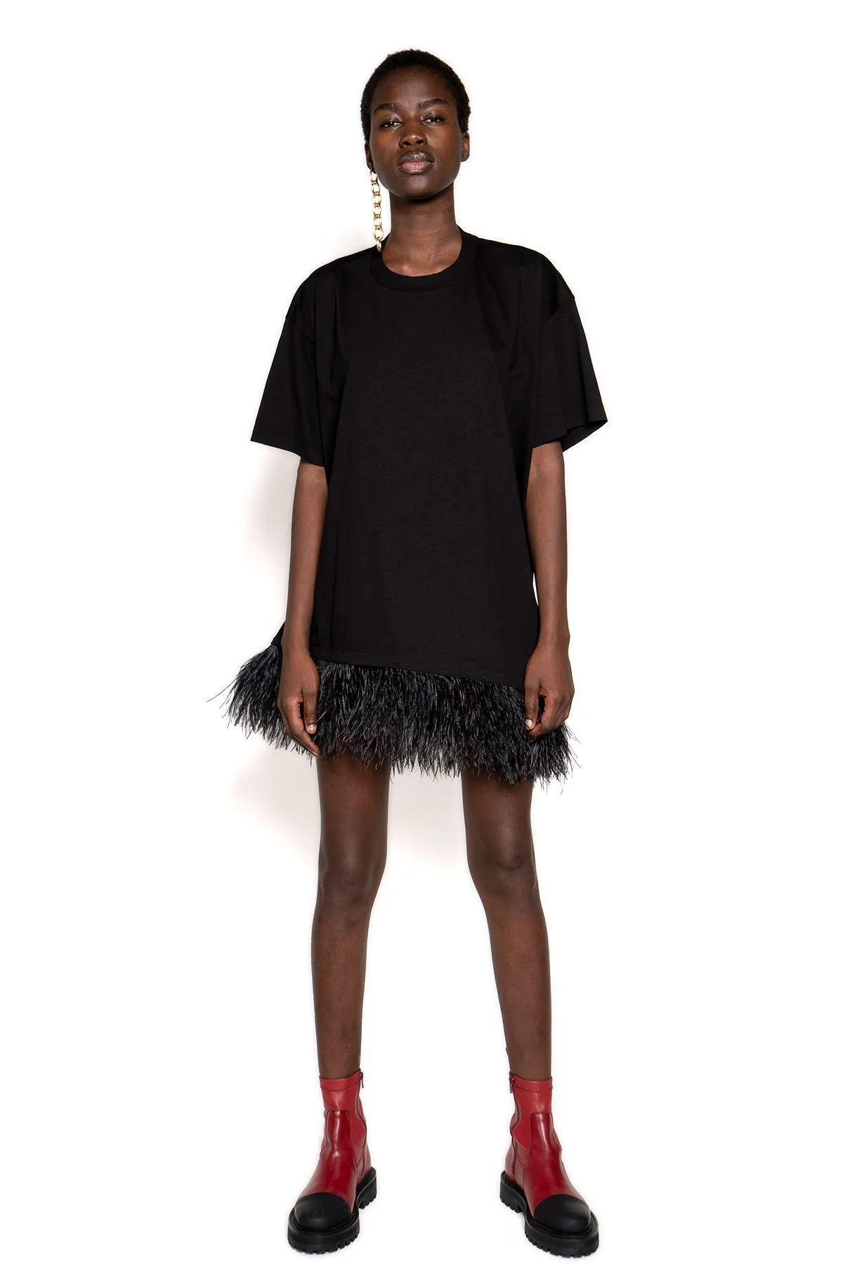 BLACK FEATHER HEM T-SHIRT DRESS