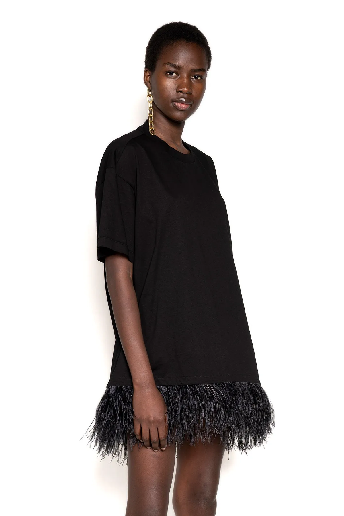 BLACK FEATHER HEM T-SHIRT DRESS
