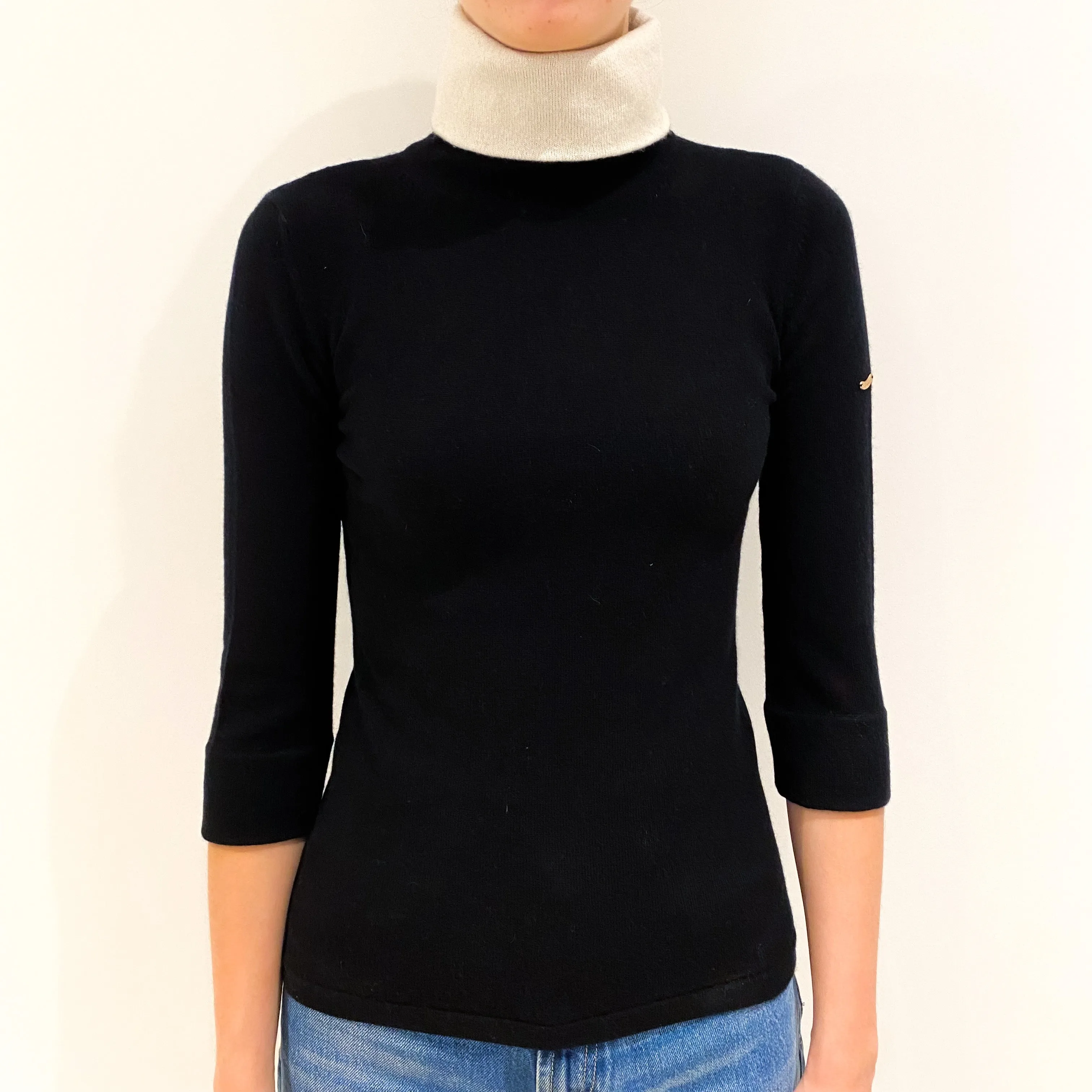 Black Ivory Trim Cashmere Polo Neck Jumper Extra Small
