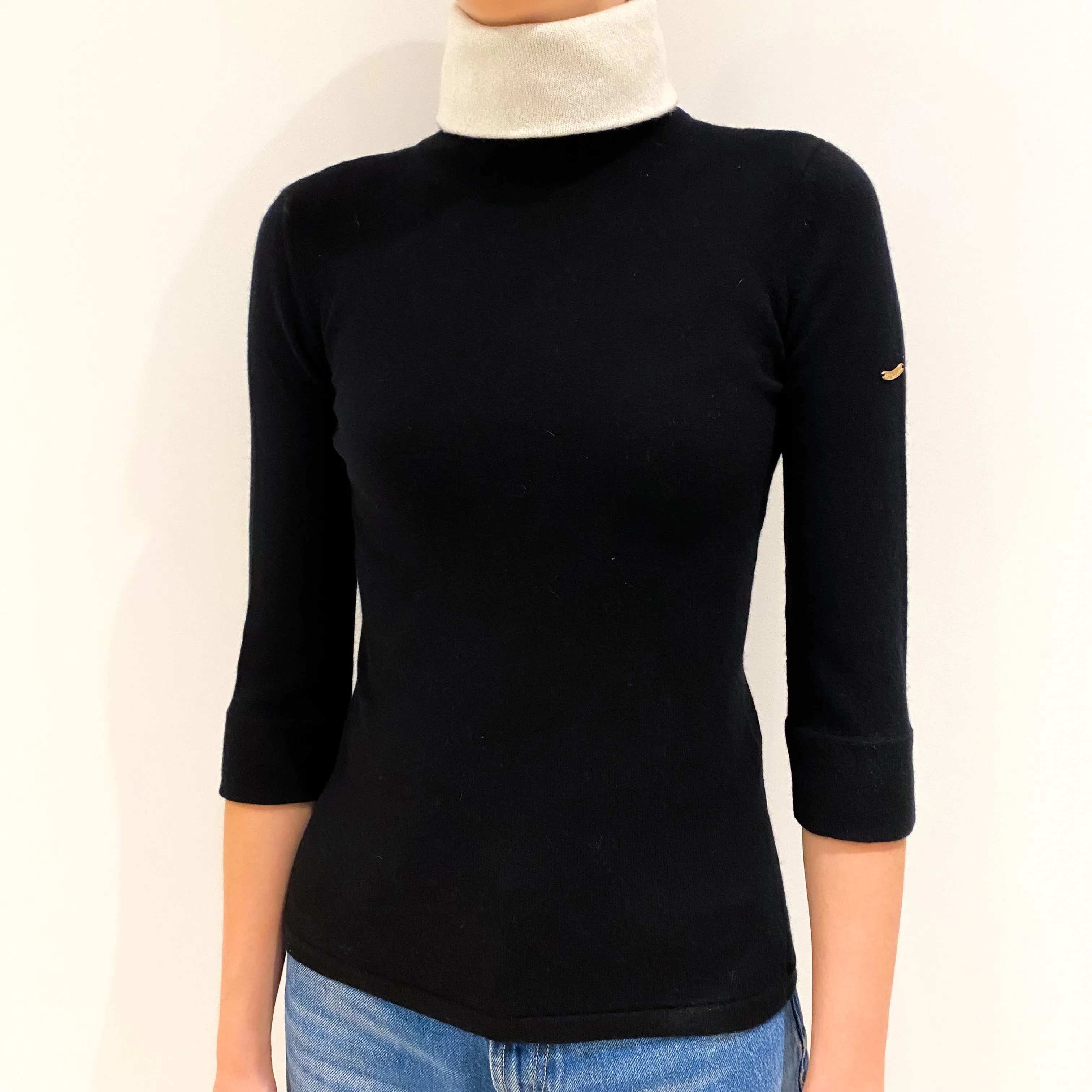Black Ivory Trim Cashmere Polo Neck Jumper Extra Small