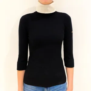 Black Ivory Trim Cashmere Polo Neck Jumper Extra Small